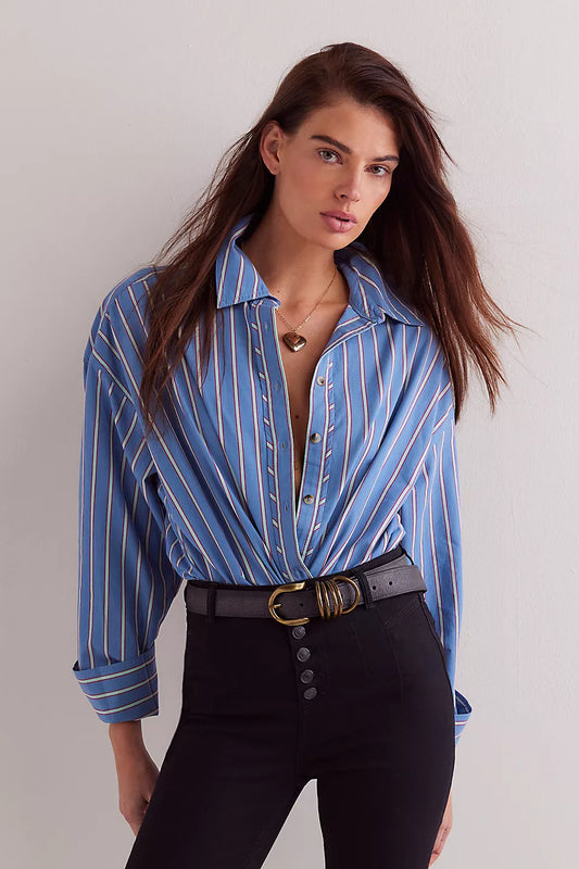 Blue Combo Striped Varsity Top