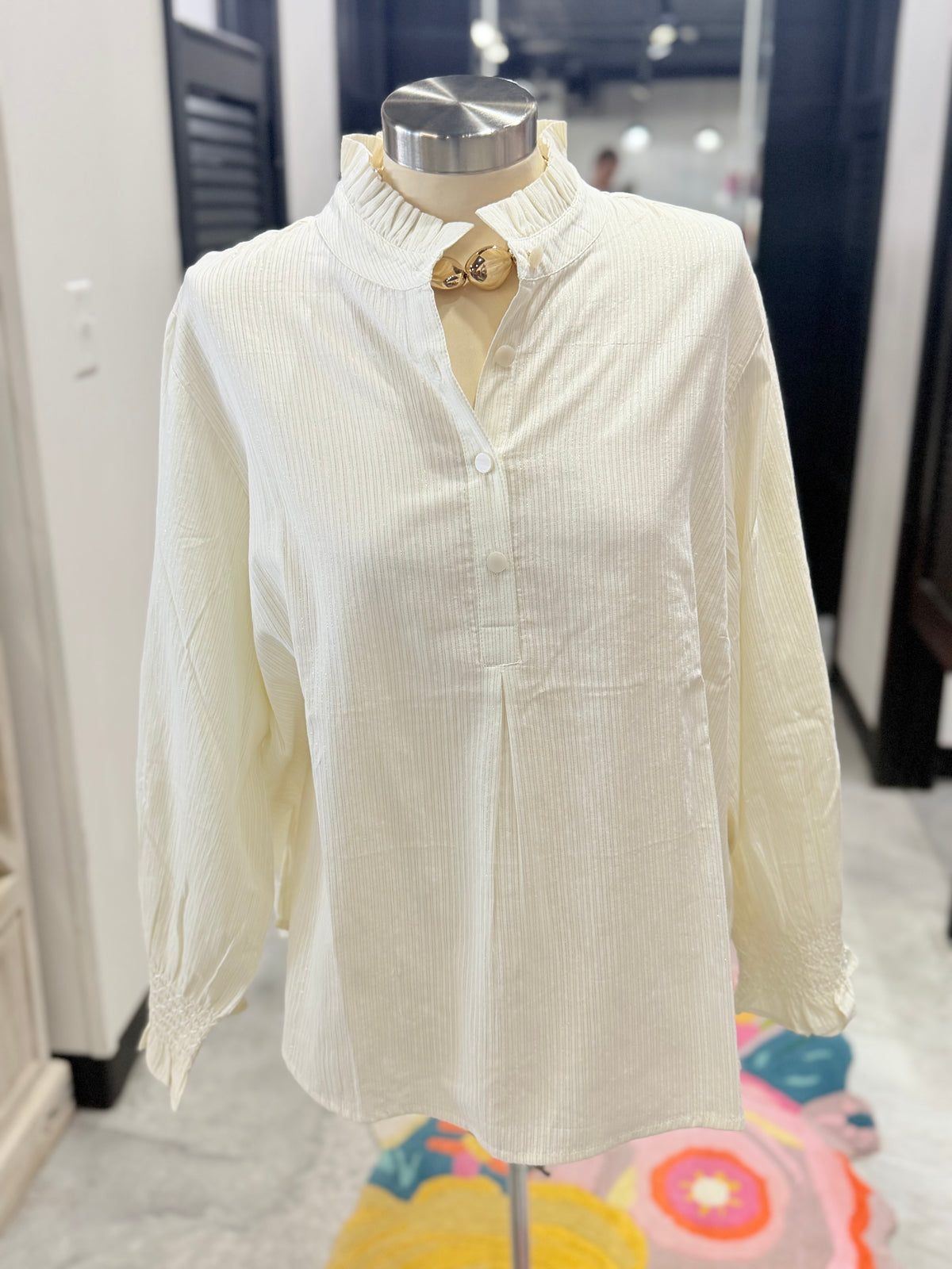 Ivory Metallic Ruffle Collar Top