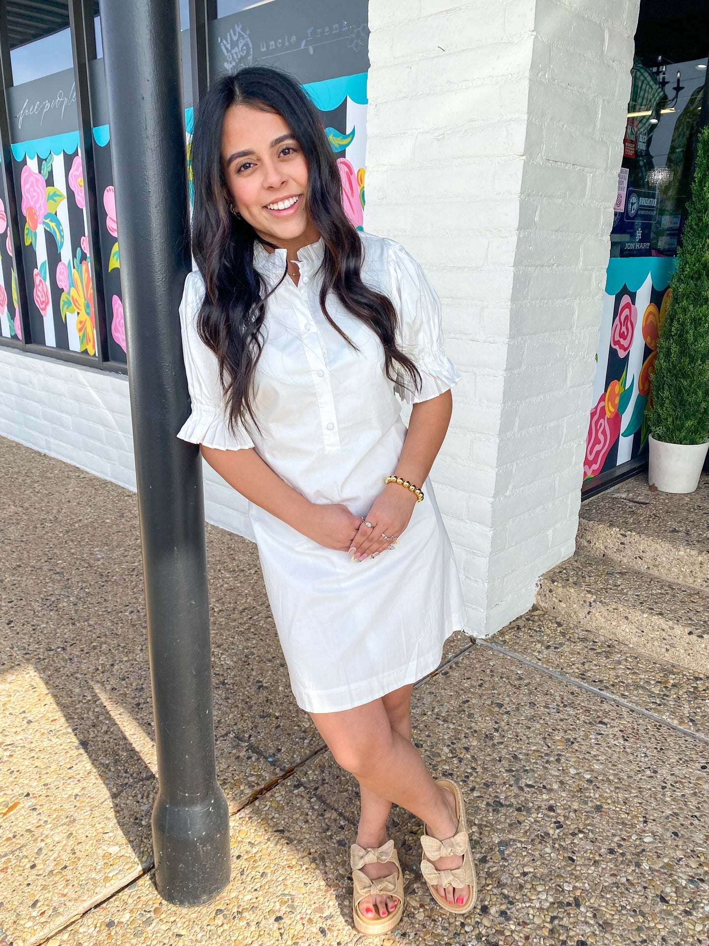 Poplin Ruffle Neck Back Tie Dress