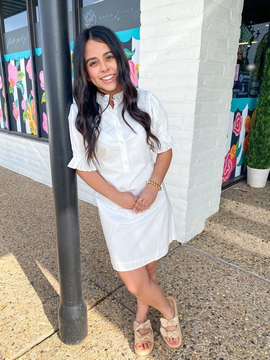Poplin Ruffle Neck Back Tie Dress
