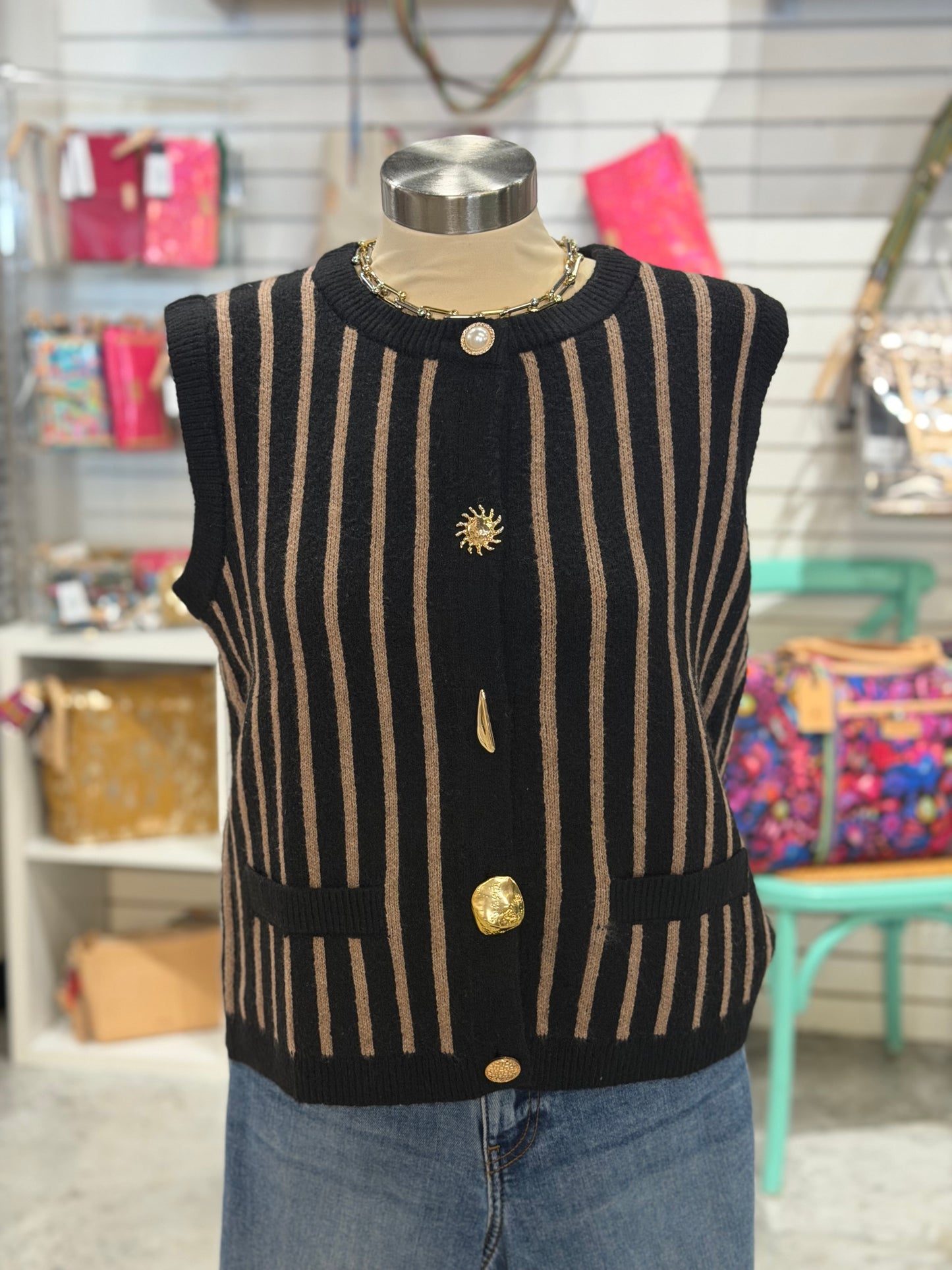 Black/Taupe Striped Sweater Vest