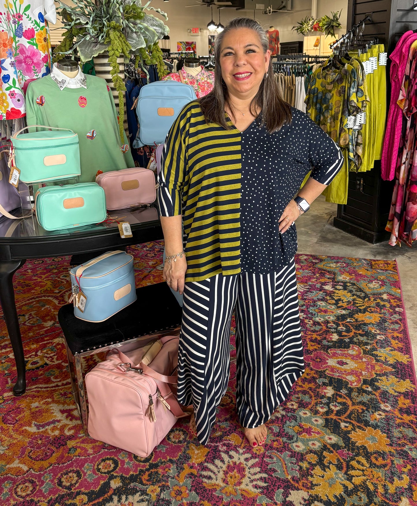 Navy Green Mix Print Top