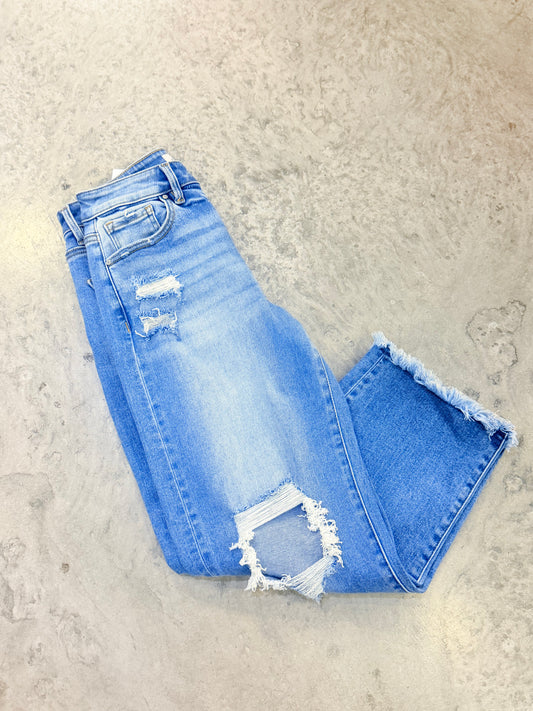 Distressed Barrel HiRise Jeans