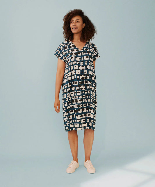 Blue Base Dress With Black & White Pattern