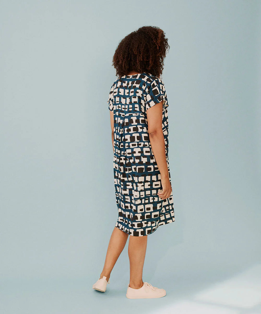 Blue Base Dress With Black & White Pattern