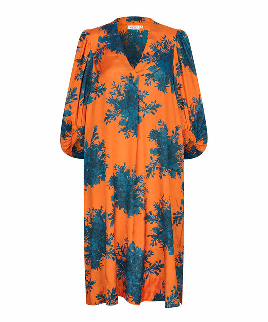 Orange Dress with Blue Floral Pattern