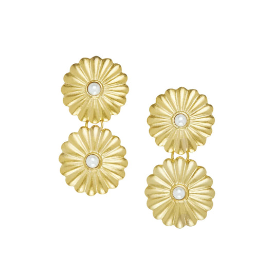 Gold Double Concho Pearl Earrings