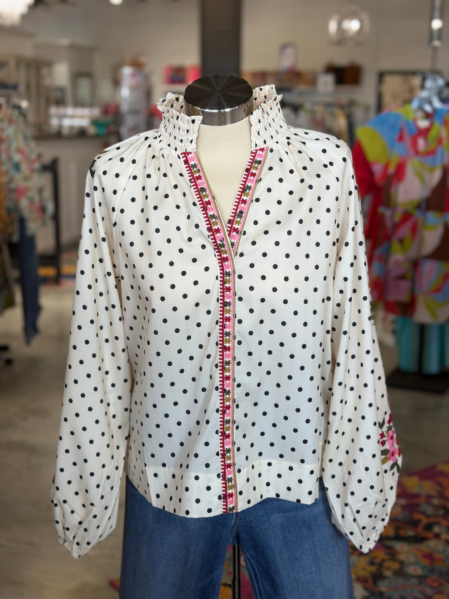 Cream Emb. Polka Dot Top