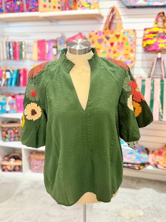 Green Flowered Sleeves Top
