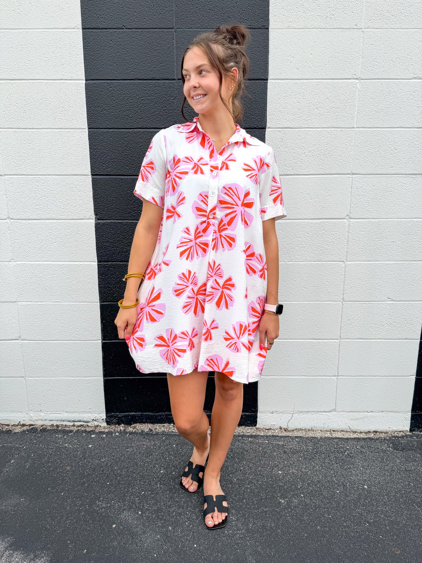 White Flowery Swing Shirt Dress