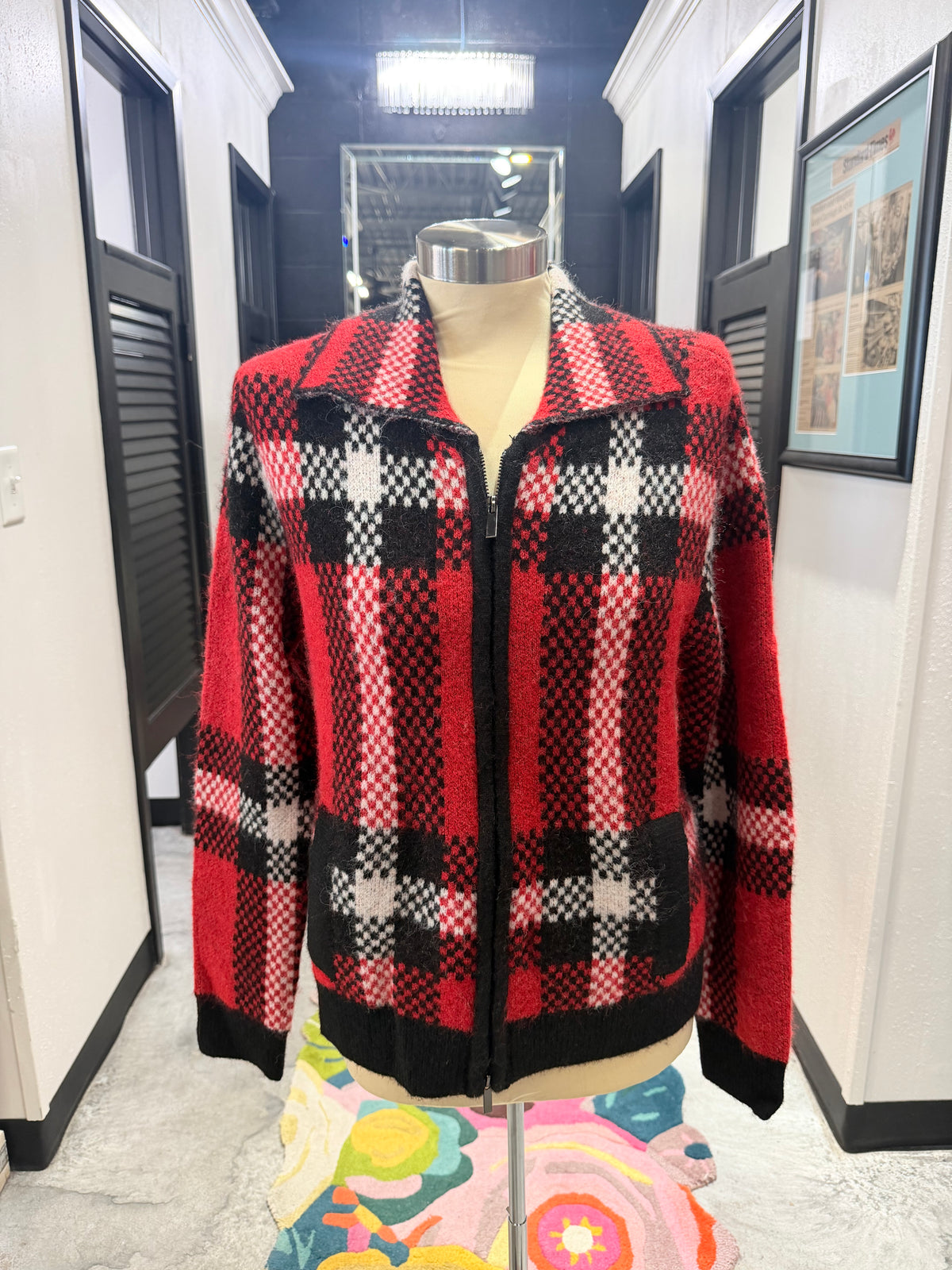 Red & Black Plaid Zip Up Sweater