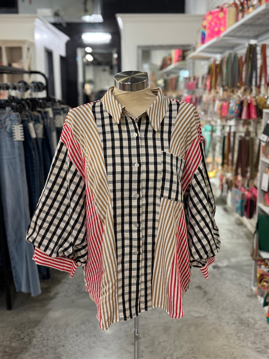 Black/Red/Taupe Striped Top
