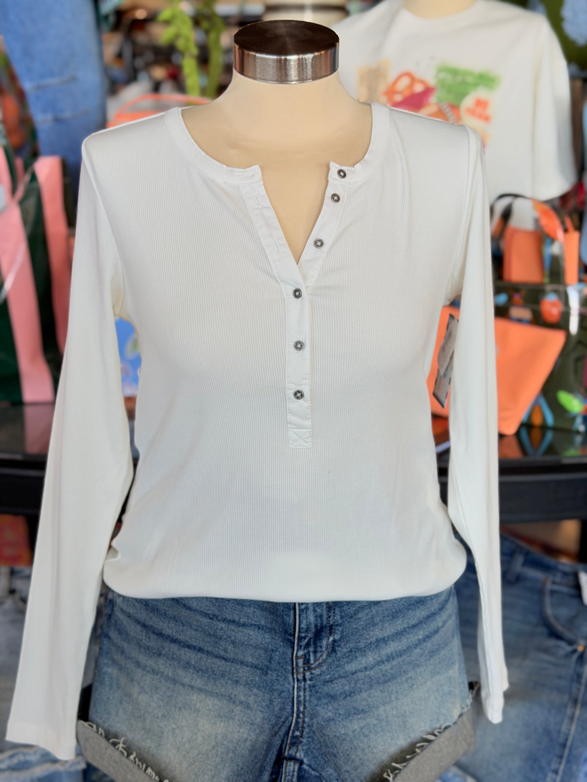 White Denning LS Henley Top