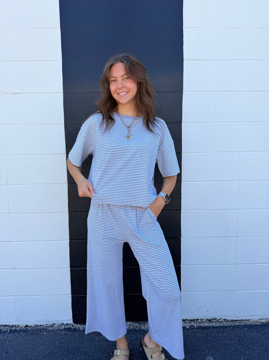 Grey/White Striped Pant Set
