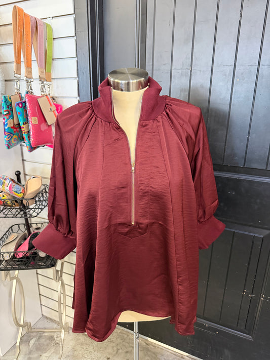 Burgundy Zip Up Silky Top