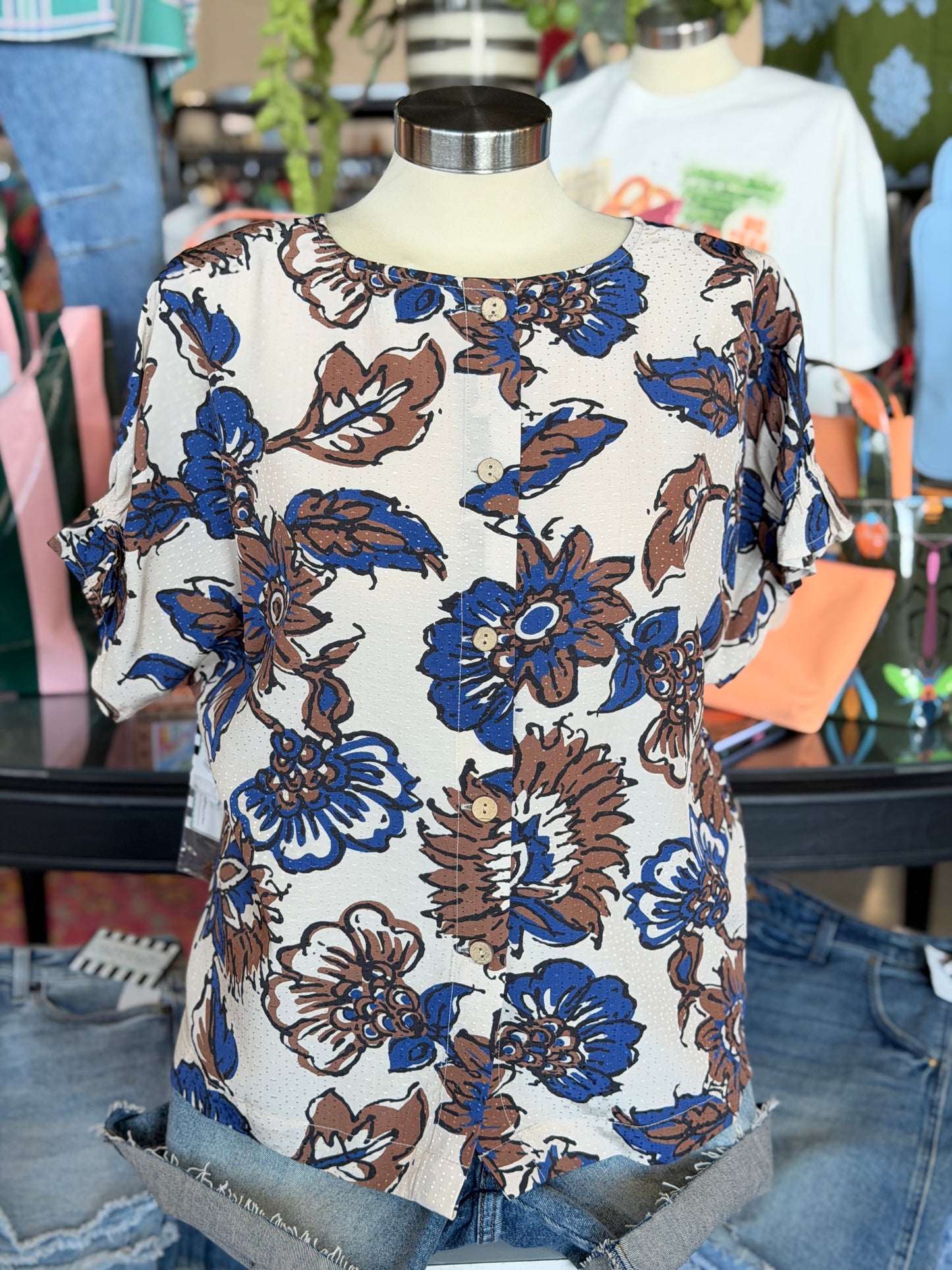 Brown/Blue Printed Boxy Top