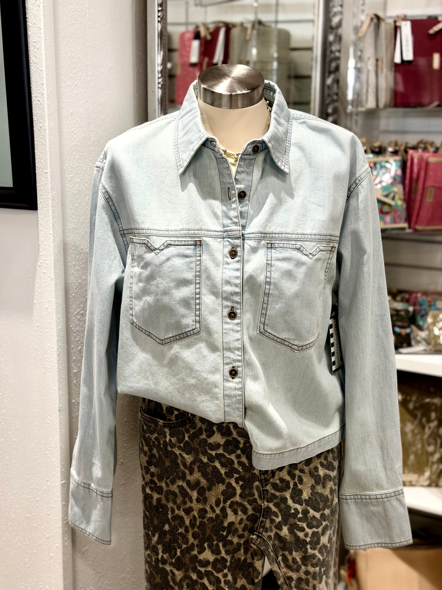 Lt Blue Advantage Crop Button Up Top