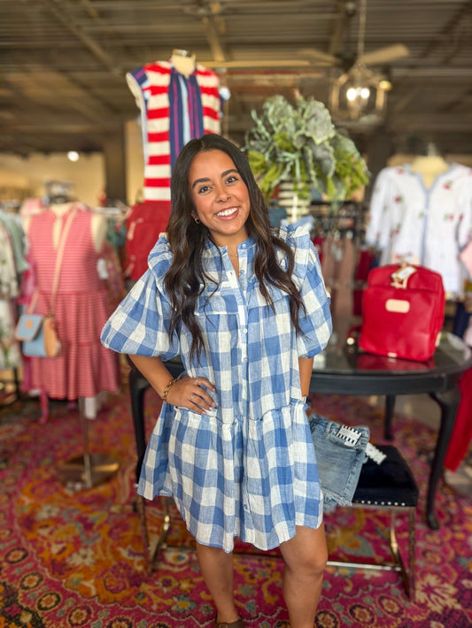Blue Buffalo Check Ruffle Dress