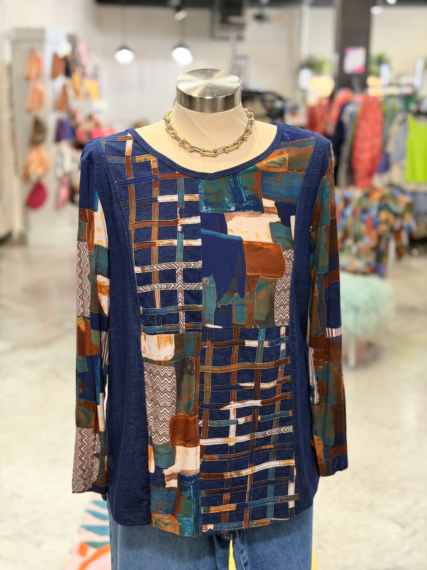 Navy Multi VNeck Printed Top