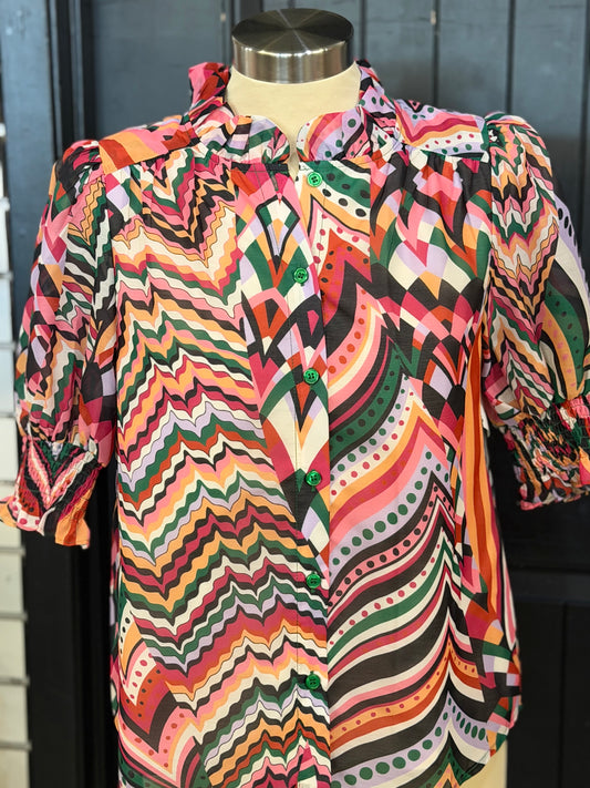Wild Geo Ruffled Neck Top