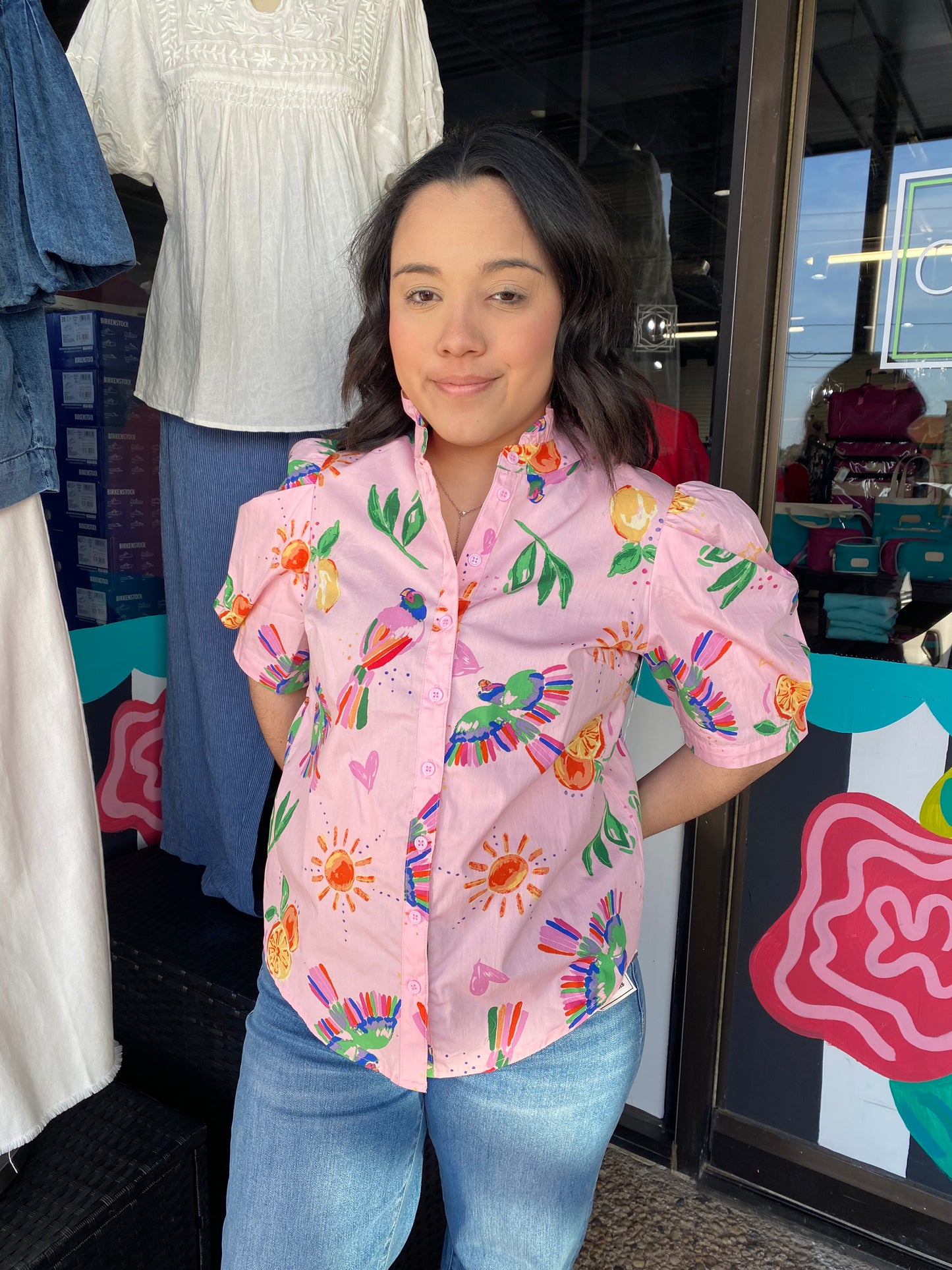 Toucan Fruit Puff Sleeve Button Up