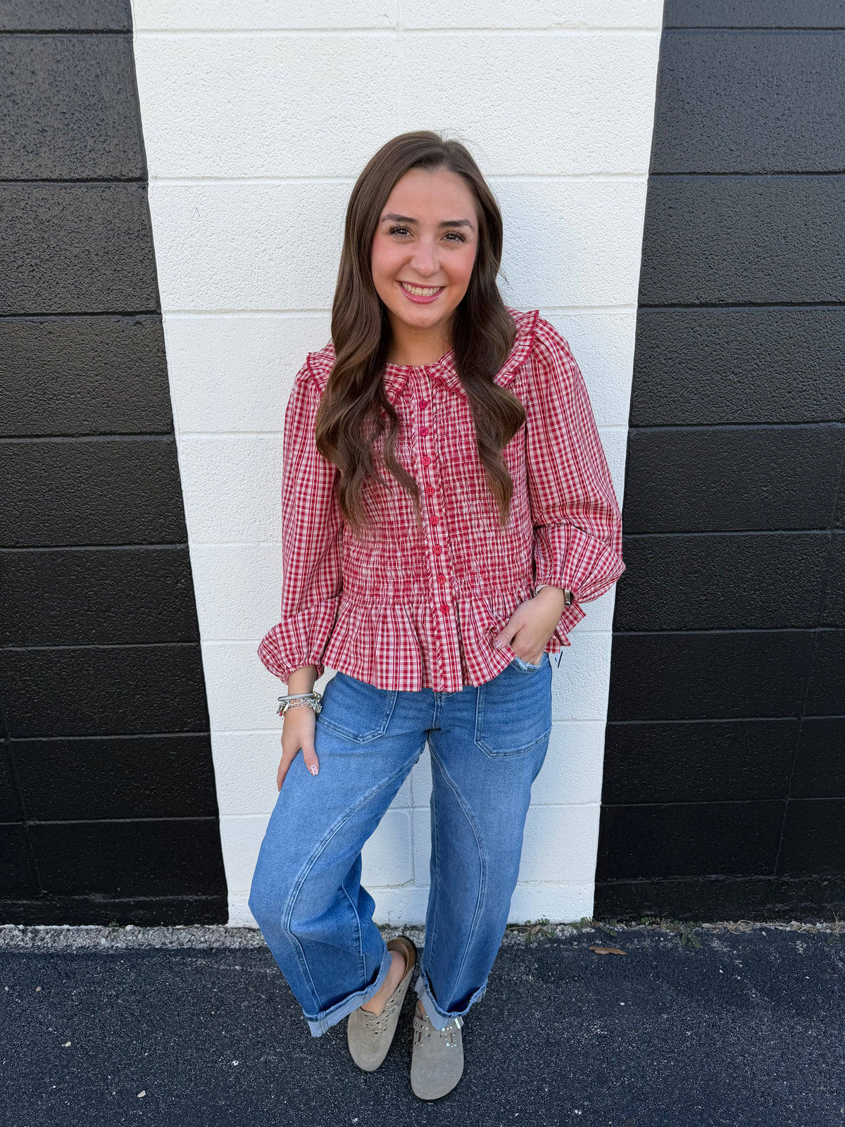 Red Check Scalloped Neck Top