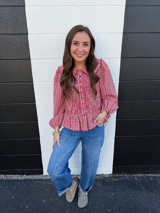 Red Check Scalloped Neck Top