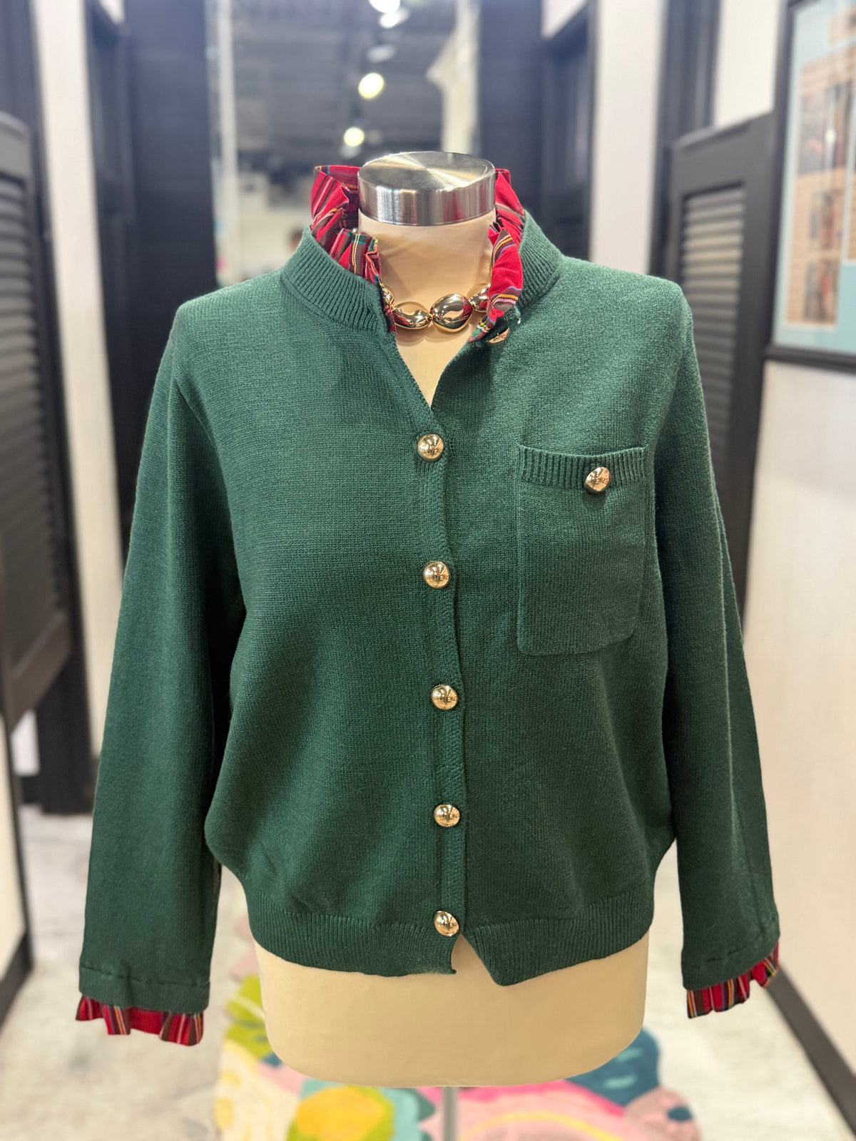 Hunter Green Ruffled Trim Cardigan