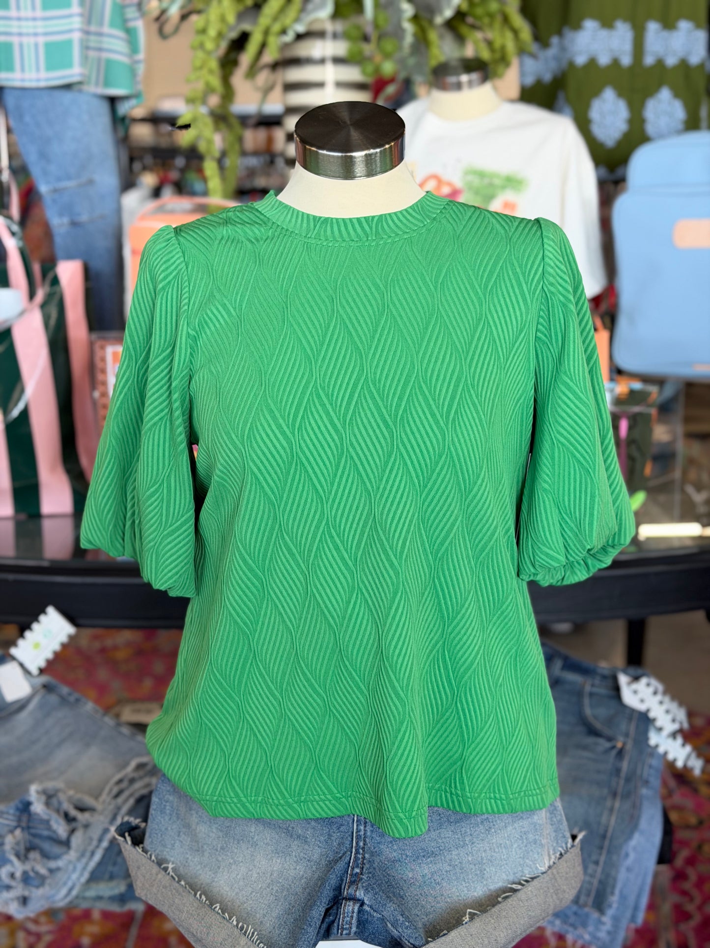 Green Pattern Balloon Sleeve Top