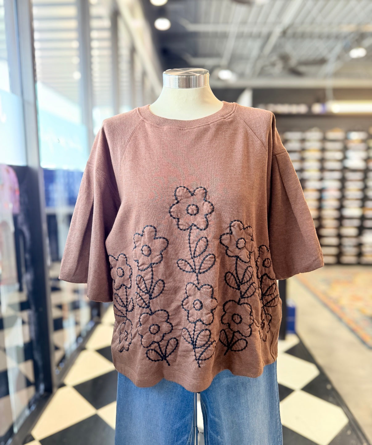 Chocolate Terry Emb. Crewneck Top