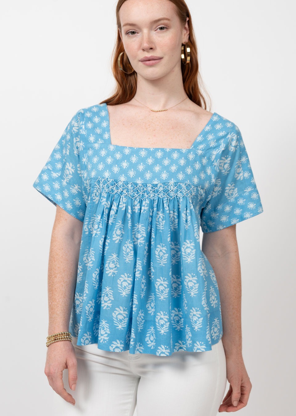 Blue Smocked Yoke Top