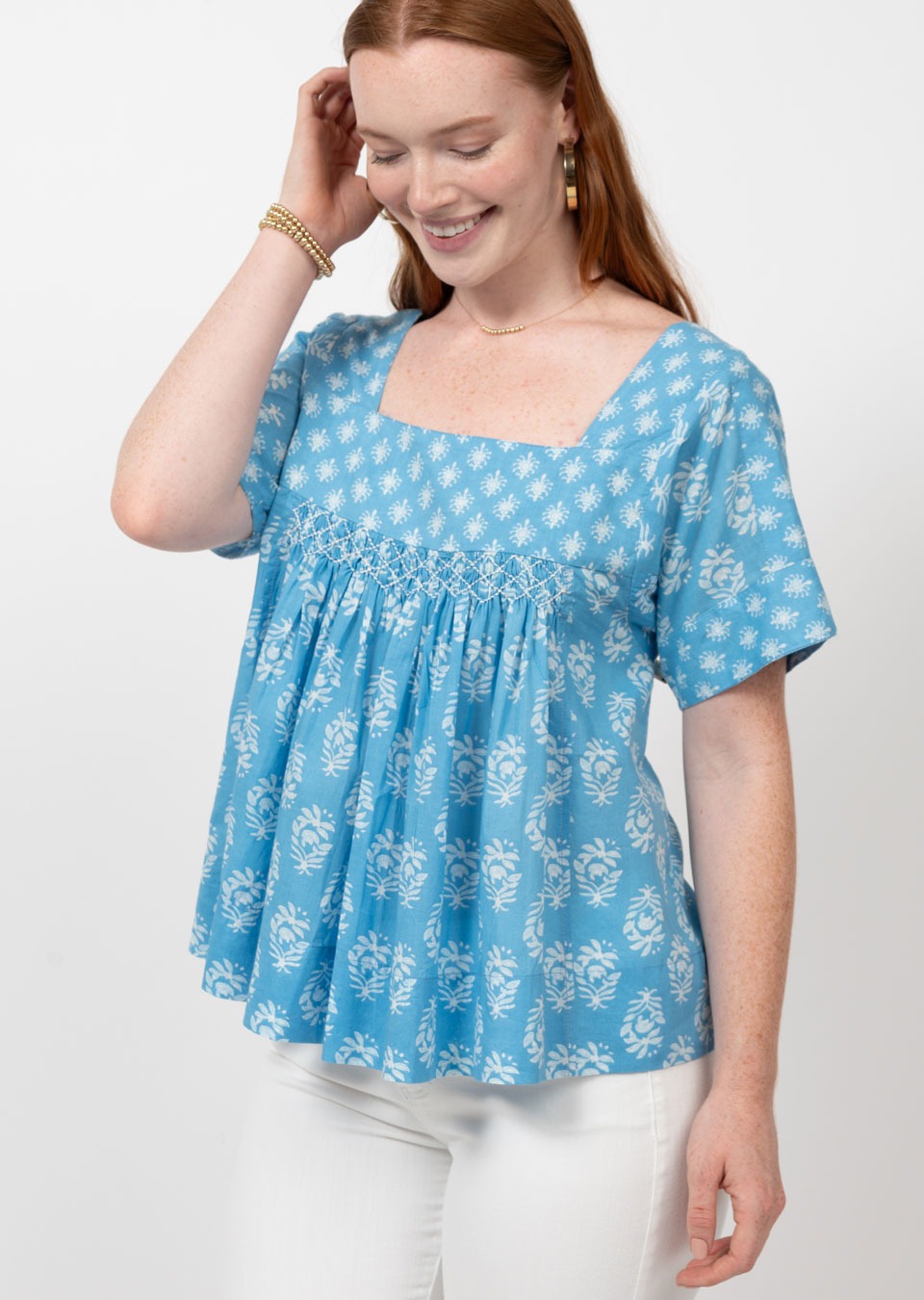 Blue Smocked Yoke Top