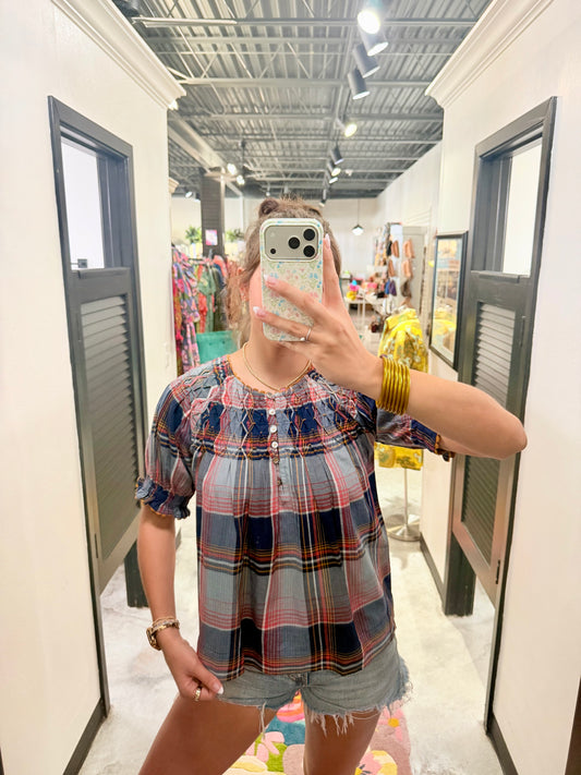 Navy Plaid Smocked Neck Top
