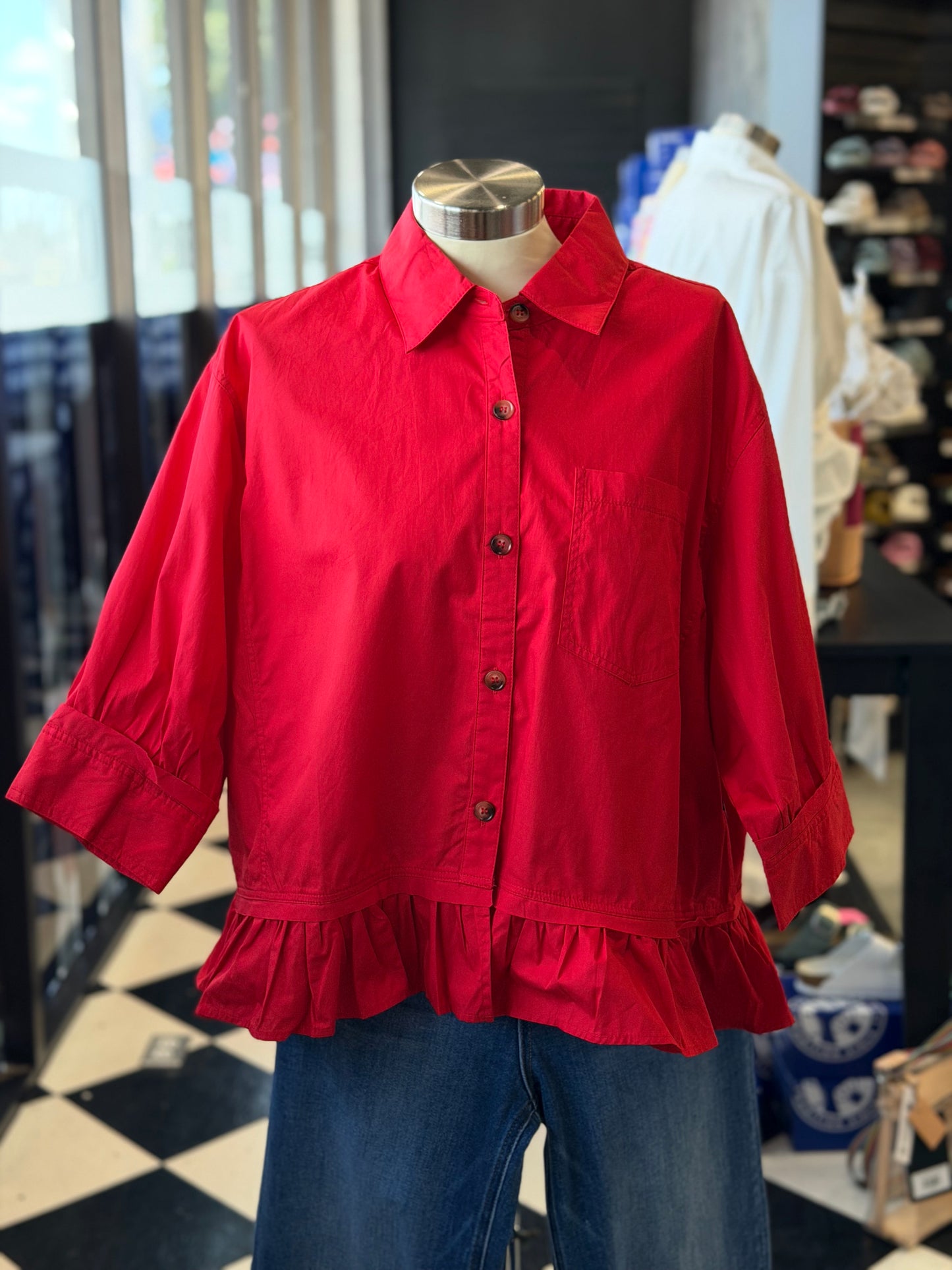 Red LS Ruffled Hem Button Up Top