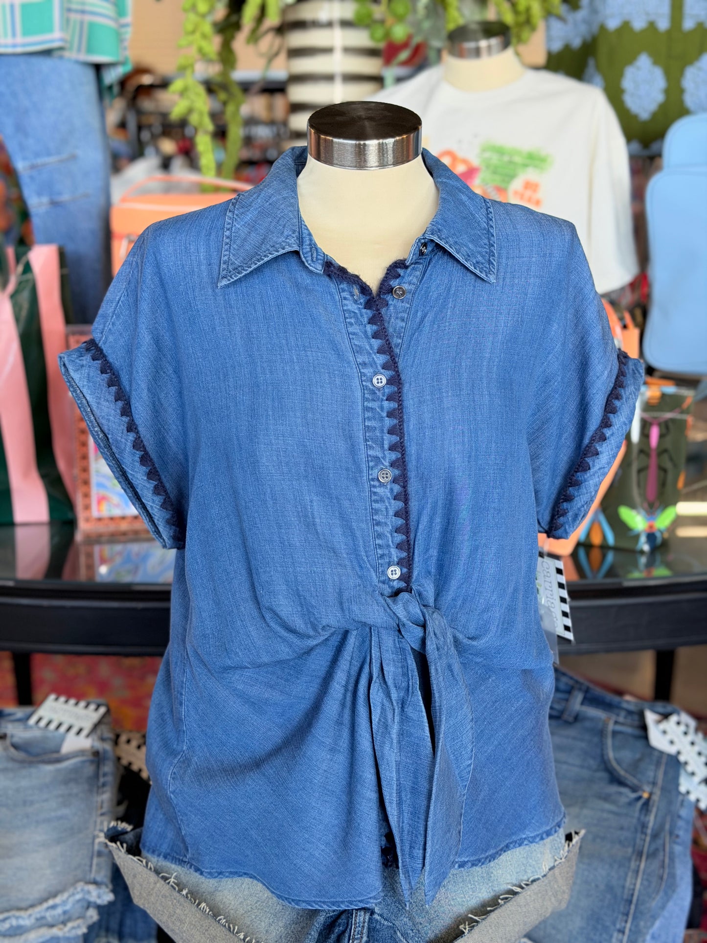 Chambray Tie Front Crochet Trim Top