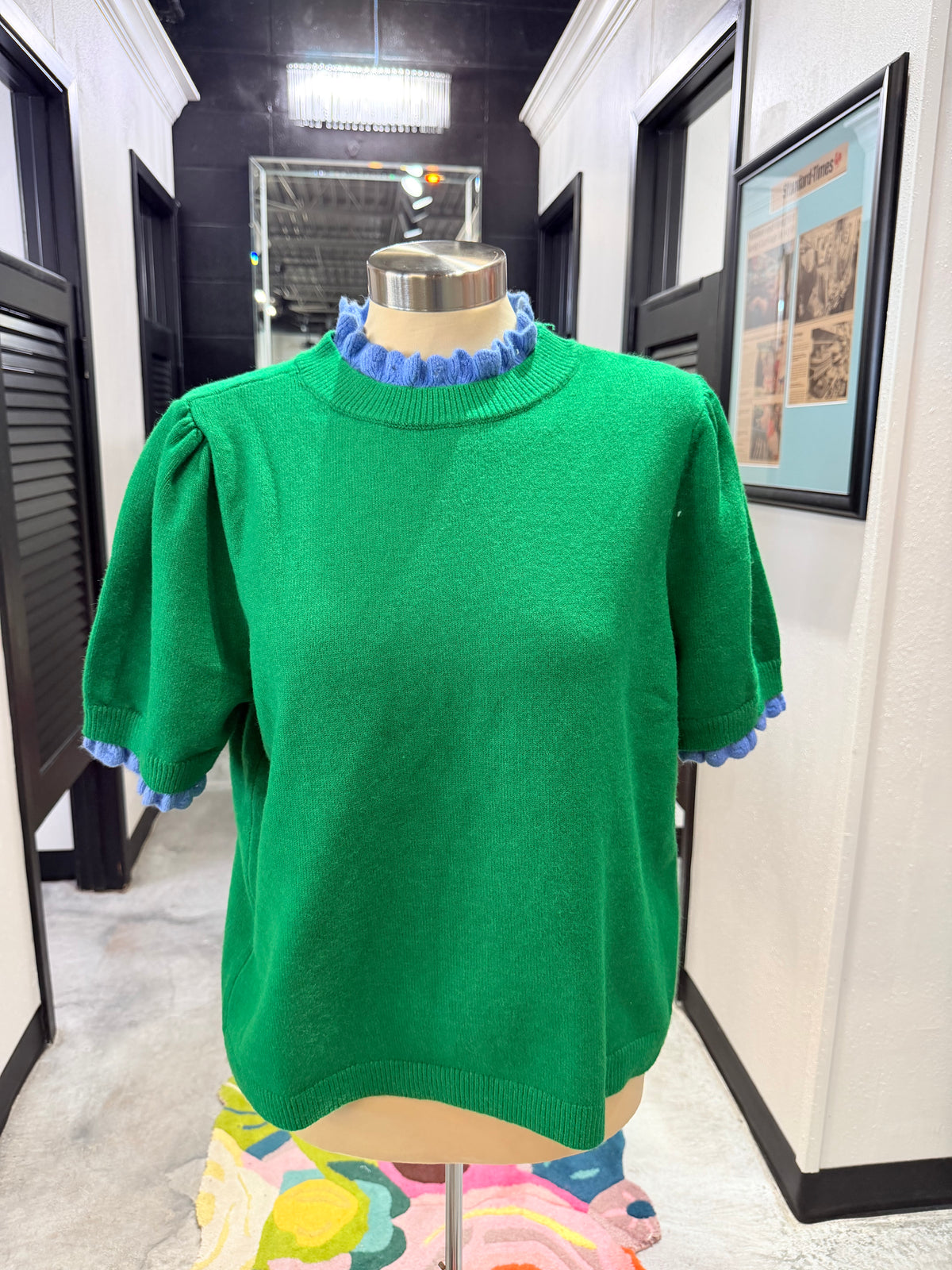 Green with Blue Ruffle Collar Sweater