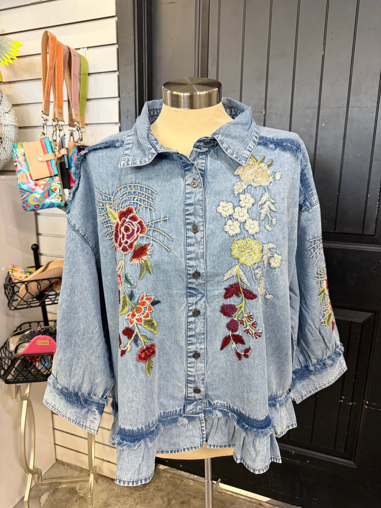 Embroidered Chambray Top