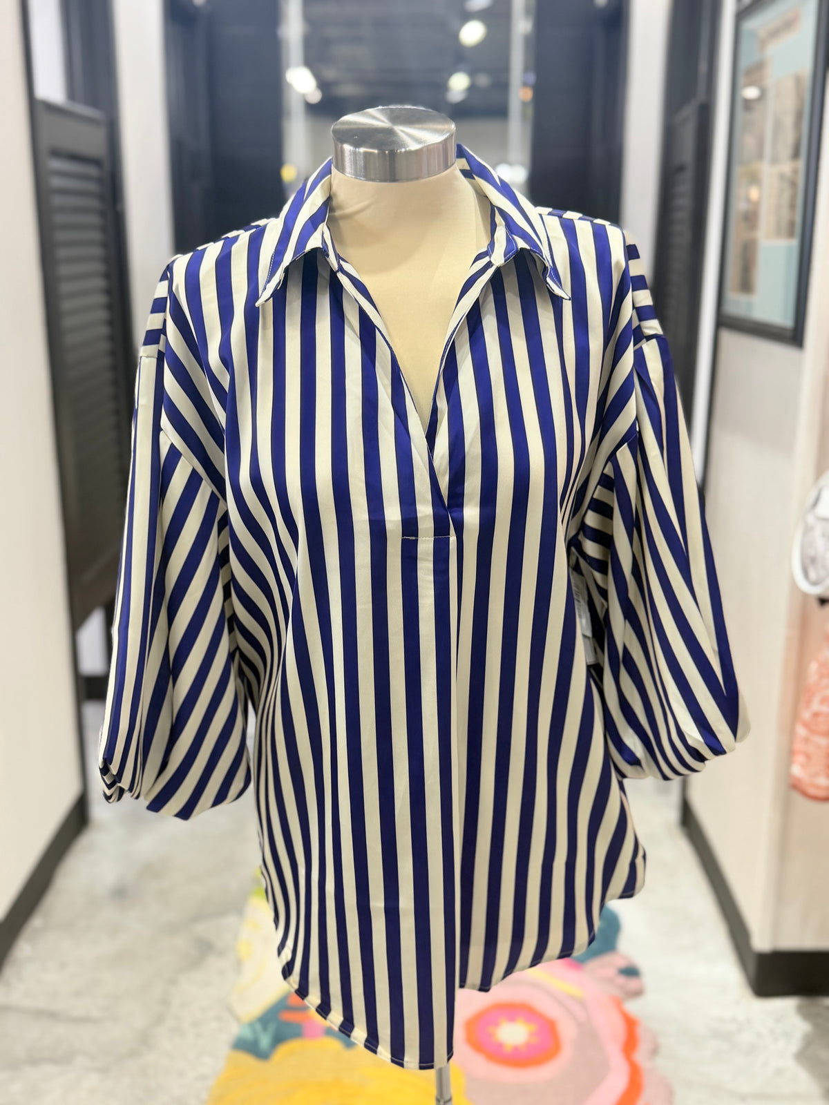 Blue & White Stripe Balloon Sleeve Top