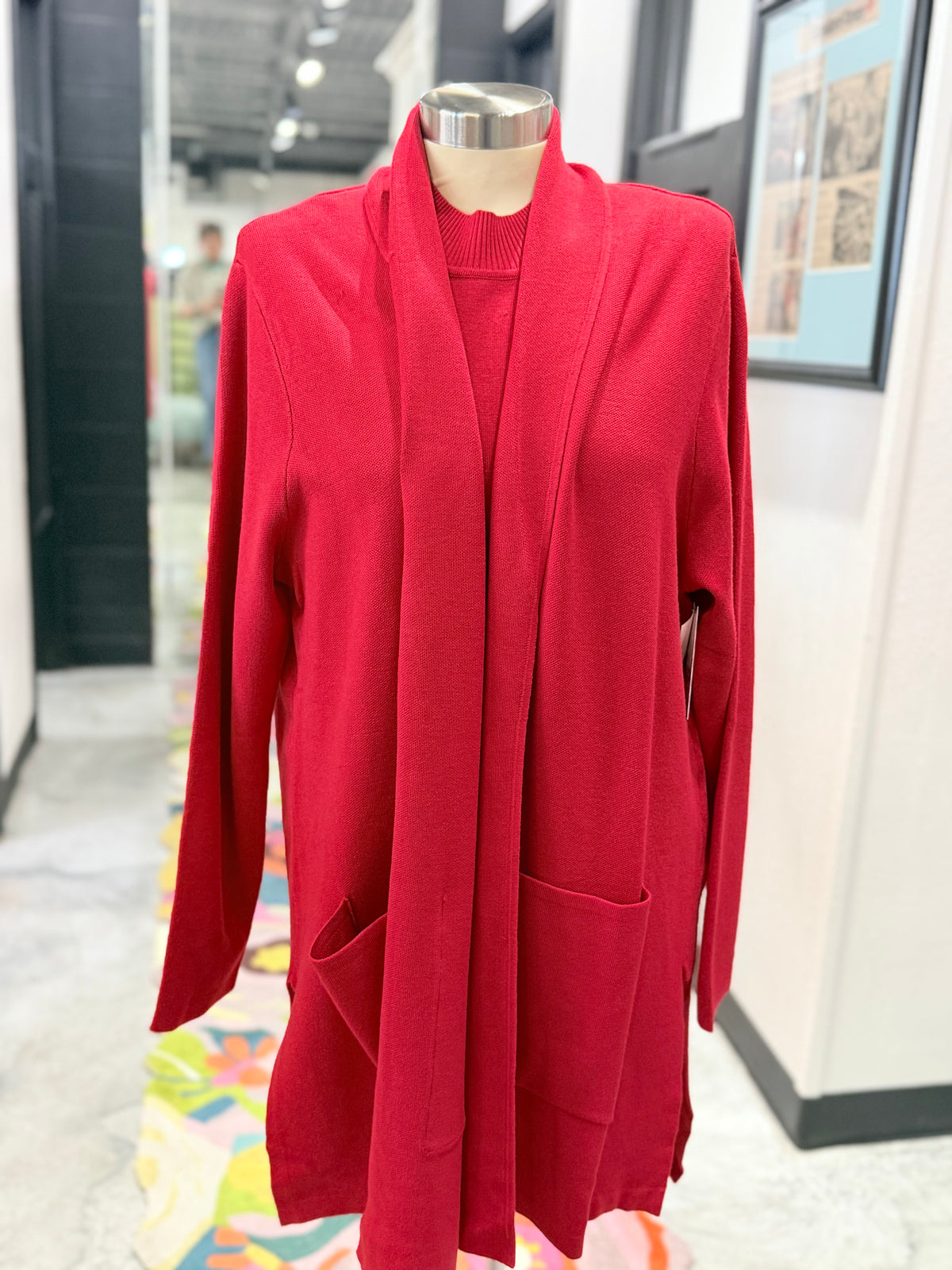 Red Shawl Collar Duster Cardigan