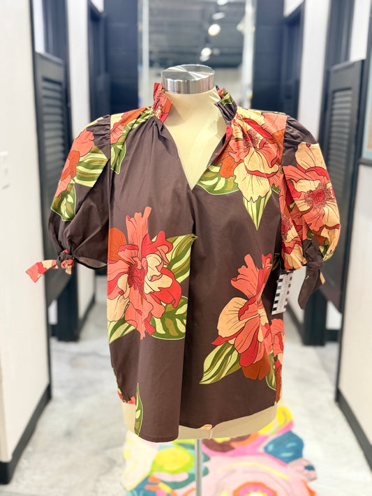 Brown Floral Print Tie Sleeve Top