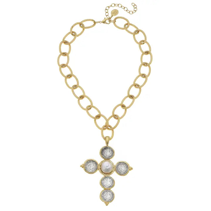 Mixed Metal Coin Cross Chain Necklace