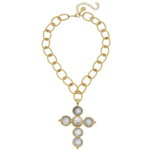 Mixed Metal Coin Cross Chain Necklace