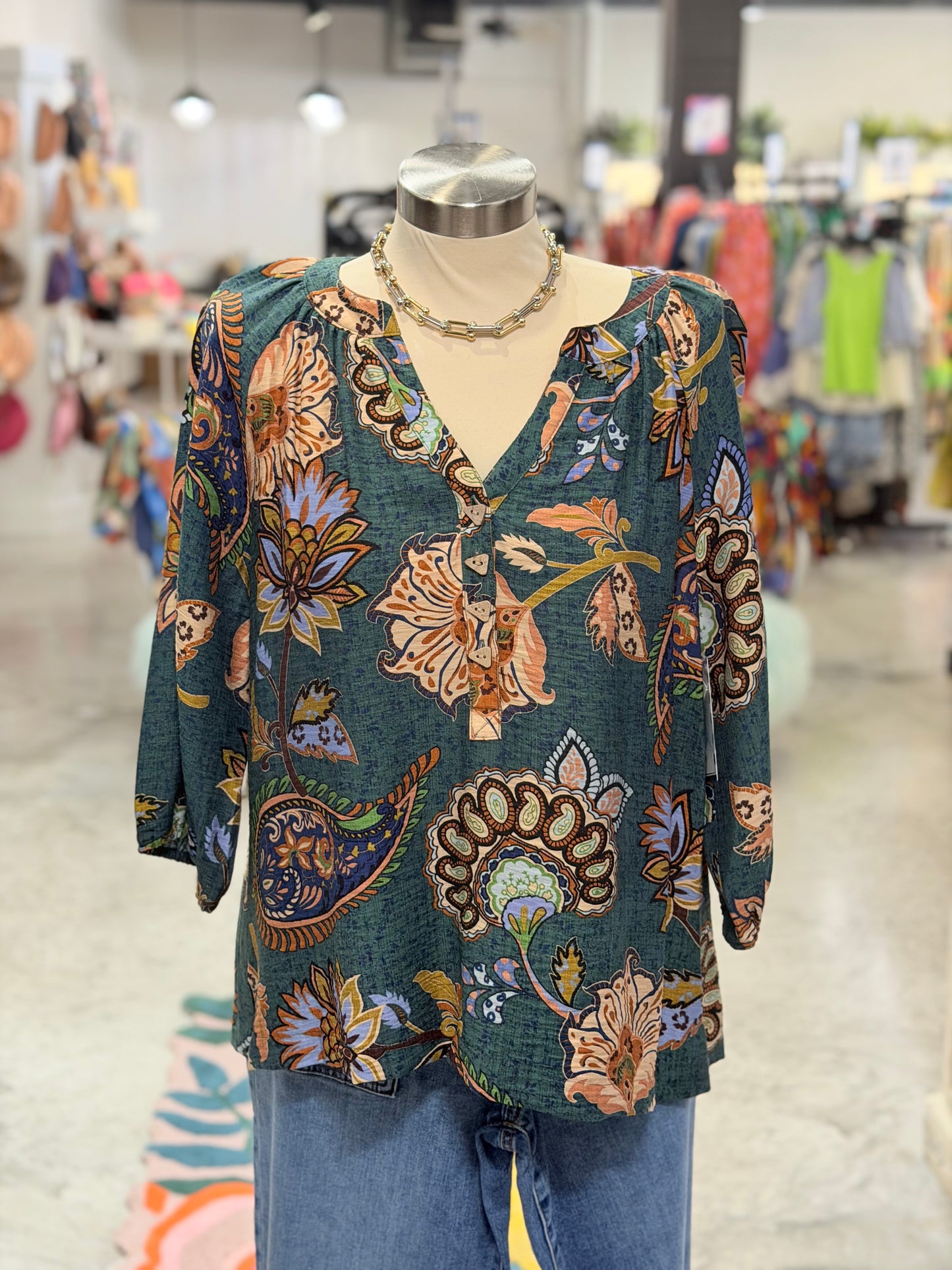 Green Floral Multi VNeck Top