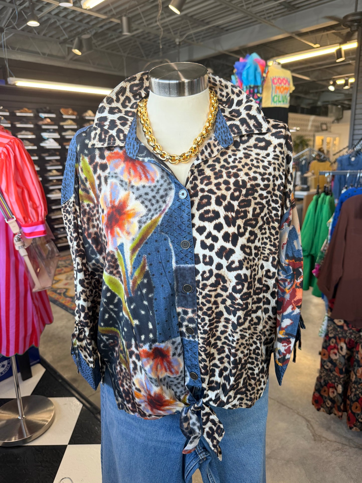 Multicolor Leopard Tie Front Top