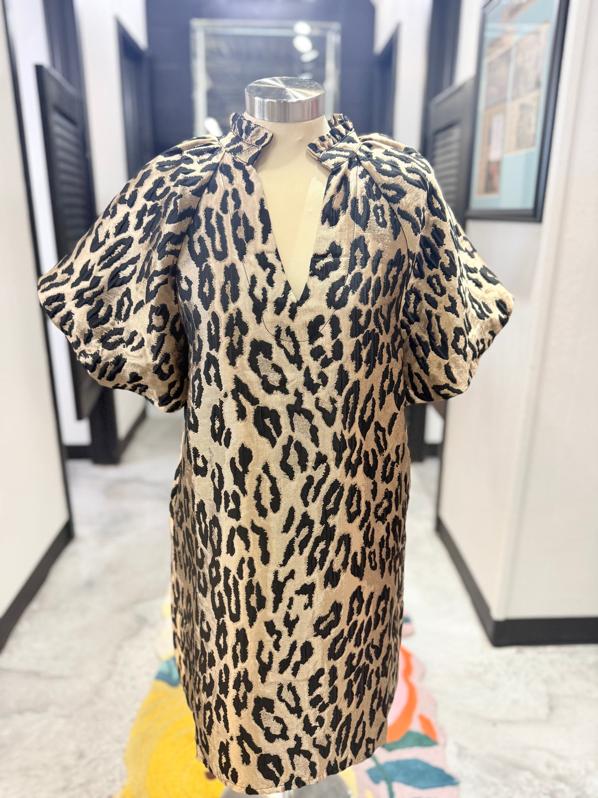 Leopard Metallic Puff Sleeve Dress