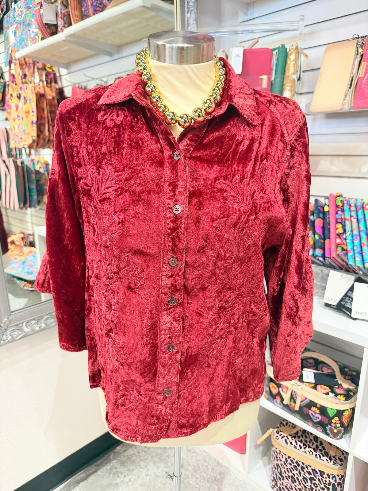 Dark Red Velvet Embroidered Top