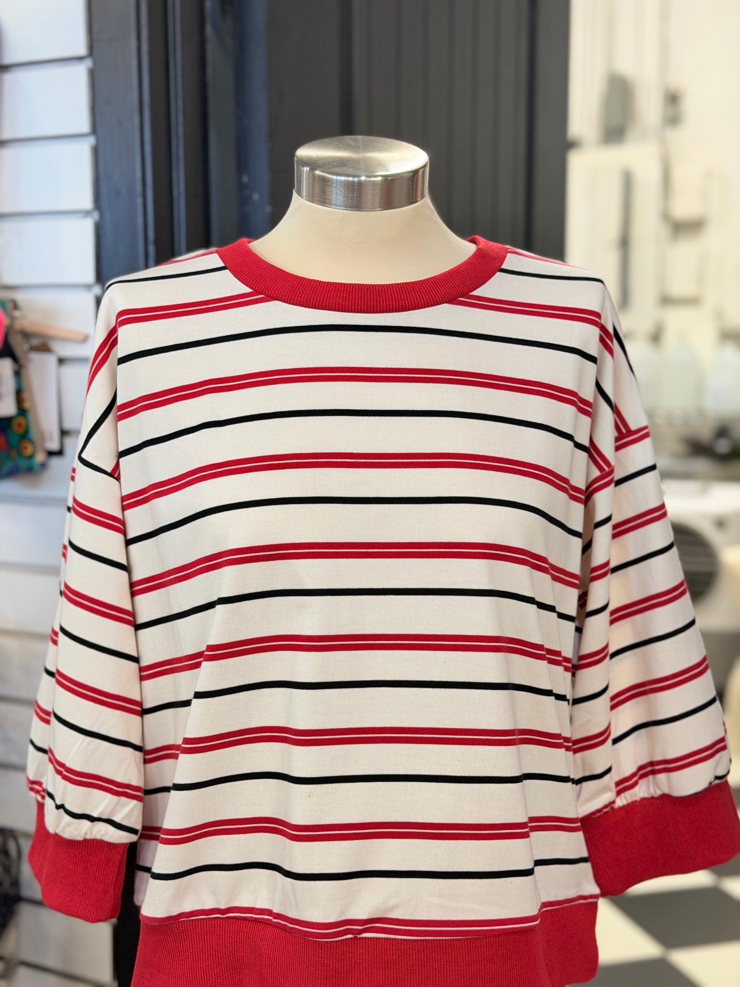 Ivory/Red/Black Striped Top