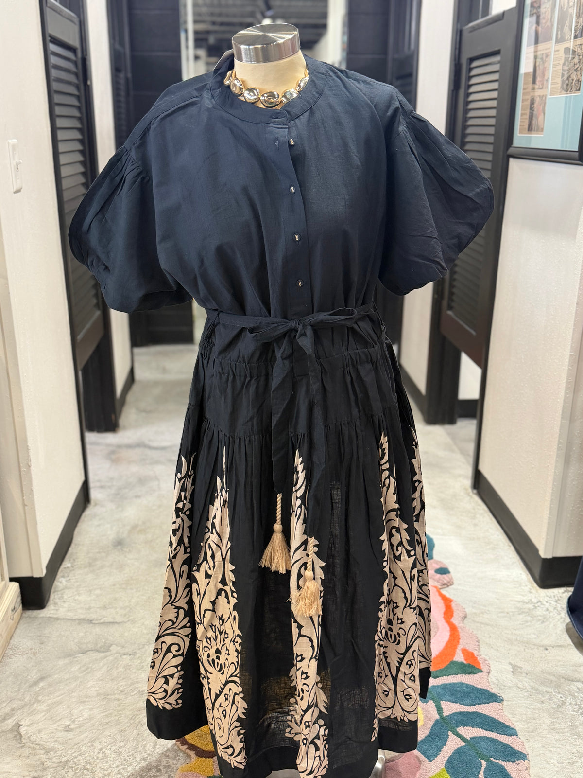 Black Pouf Sleeve Border Dress