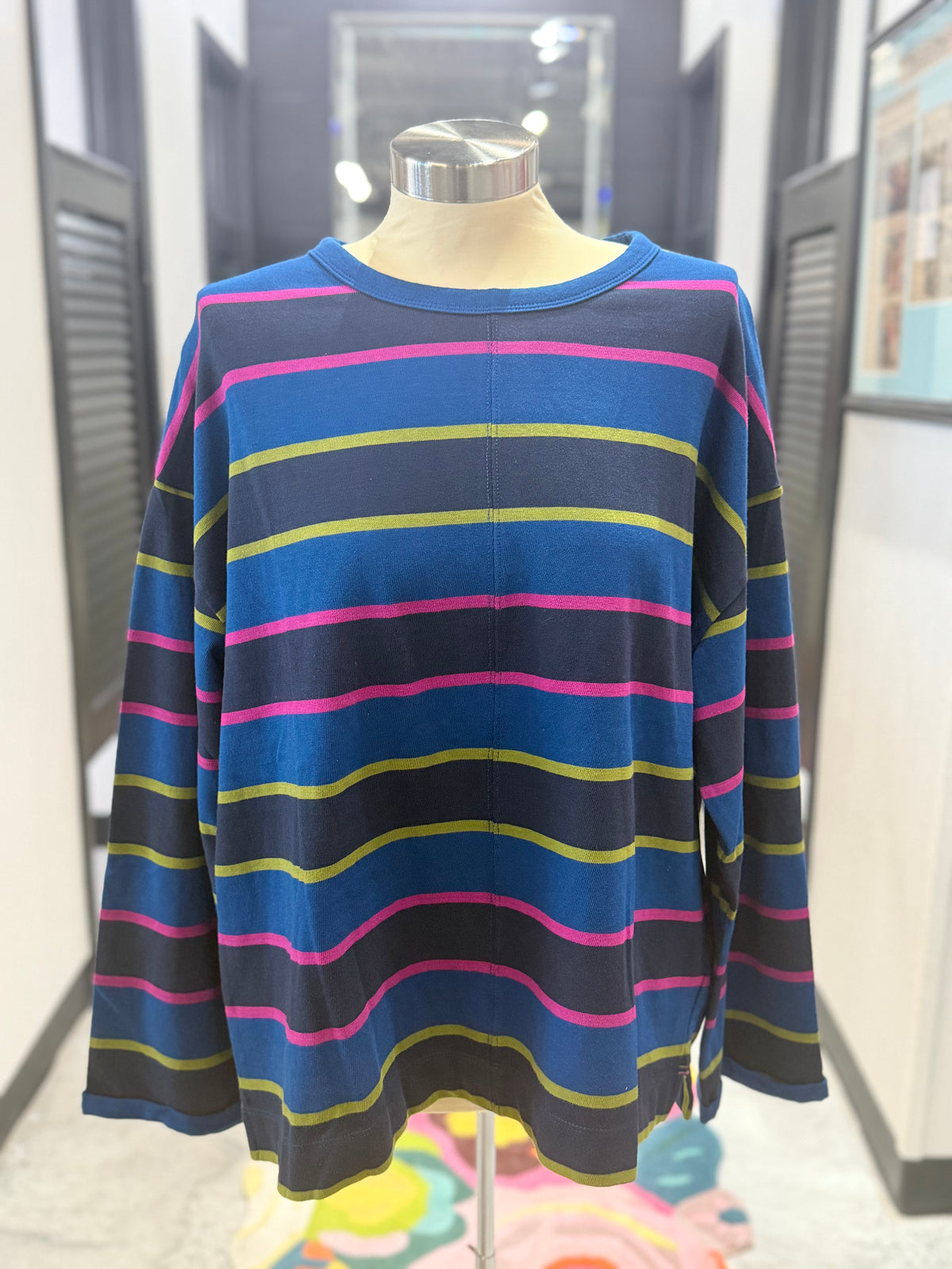 Navy Multicolor Striped LS Tee