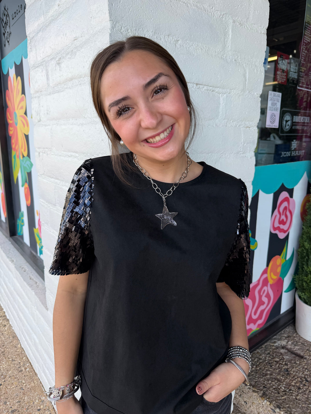 Black Suede Sequin Sleeve Top